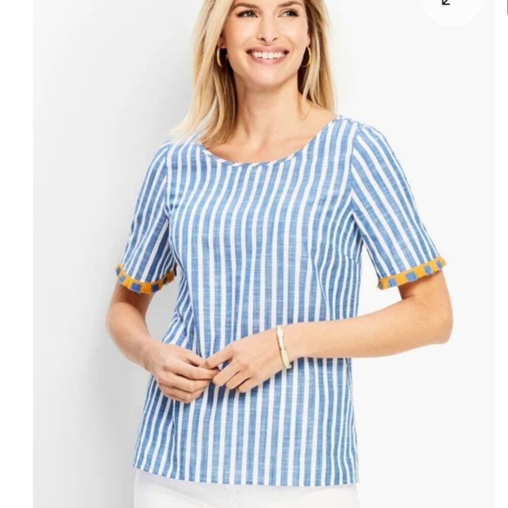 Talbots Petites Pacific Stripe Fringe Sleeve‎ Top Blue White Size MP